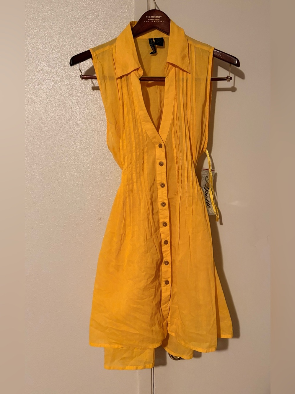 NWT Yellow Sheer Adjustable Button-Up V Neck Sleeveless Women's Collared Dress